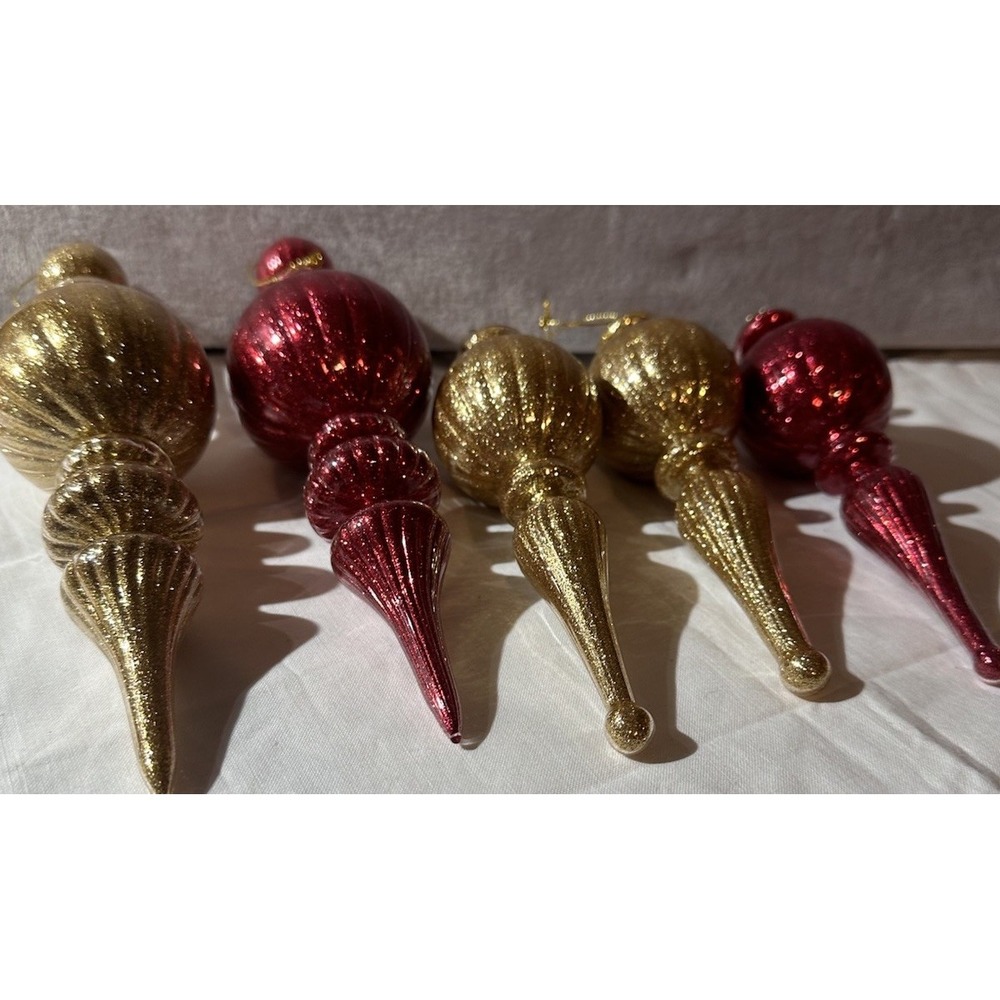 Blown Glass Finial Shape Christmas Ornaments Drop Deep‎ Red / Gold Lot (5)